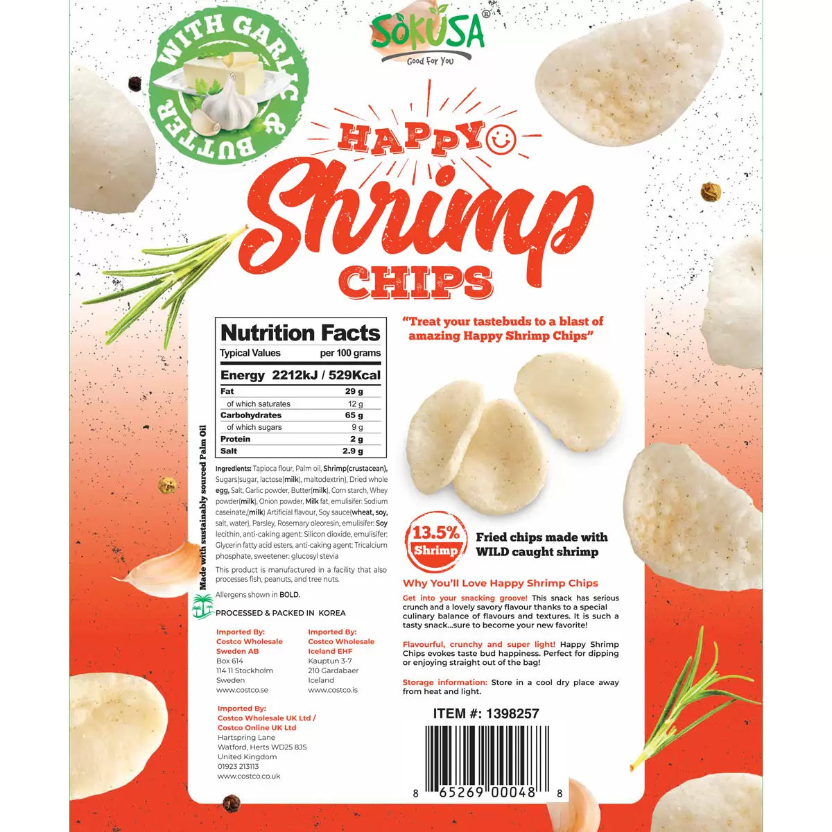 Sokusa Garlic Butter Happy Shrimp Chips 454g