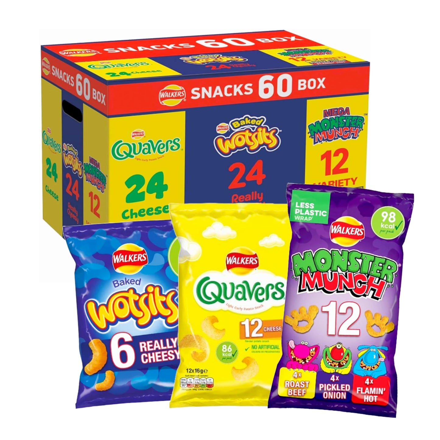 Walkers Snack Crisps Variety Box 60 Pack Wotsits Quavers Monster Munch