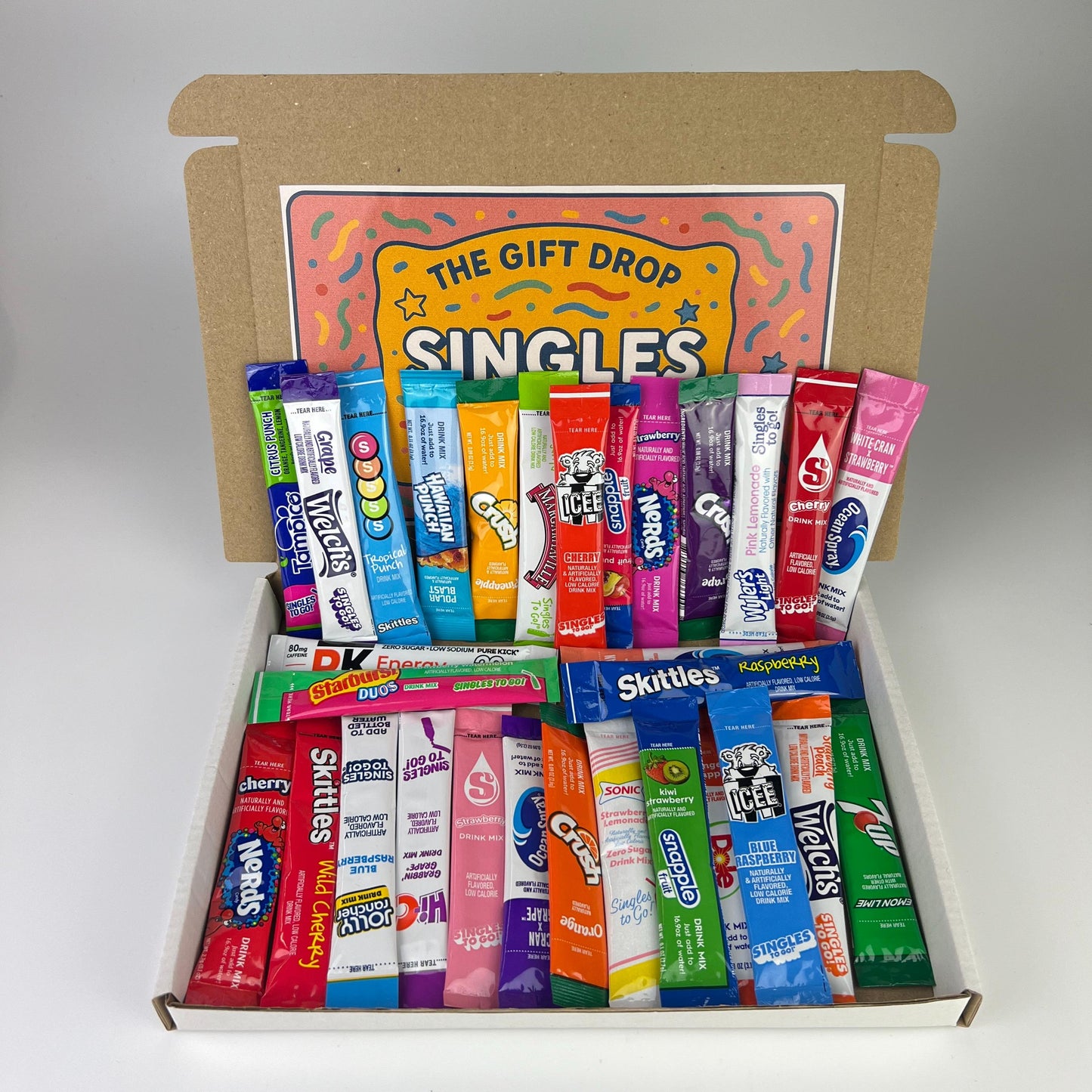 The Gift Drop Singles To Go Postal Gift Box | 30 Individual Sachets | American Drink Mix Variety Pack