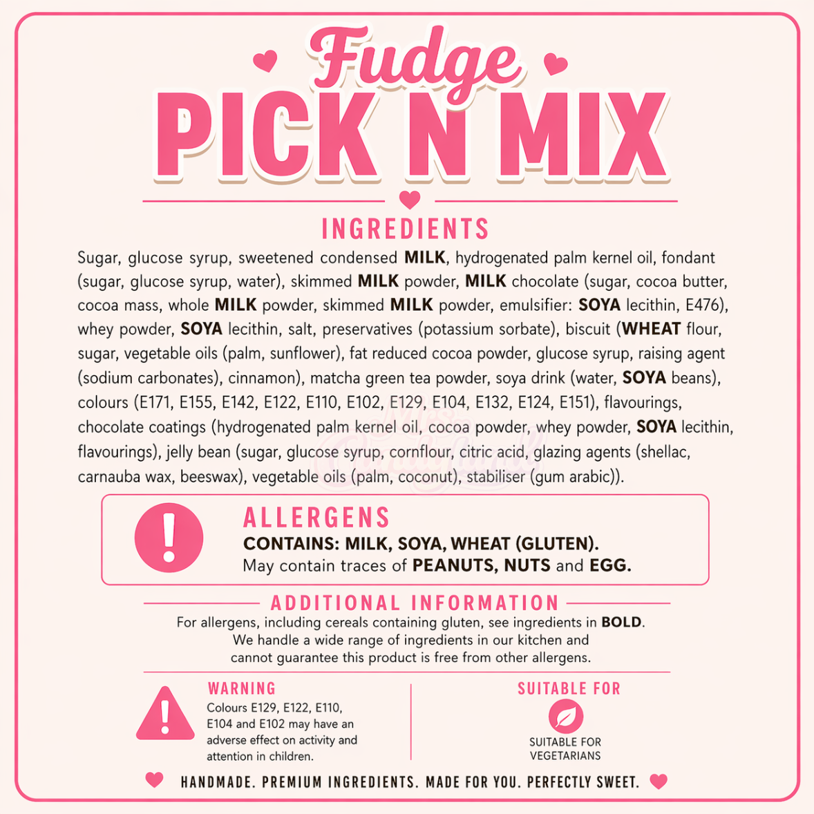 Fudge Pick n Mix ingredients list with allergen warning on a pink background