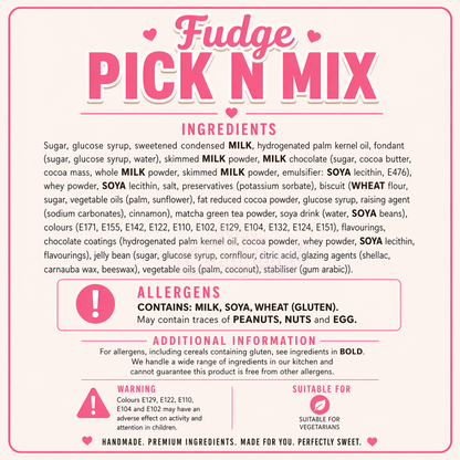 Fudge Pick n Mix ingredients list with allergen warning on a pink background