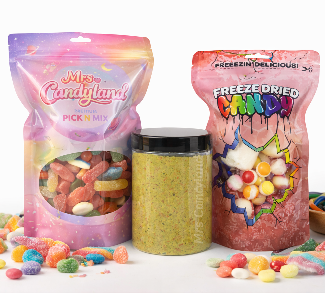 Two bags of pick n mix sweets and freeze-dried candy and a jar of pistachio viral kunafa on a white background